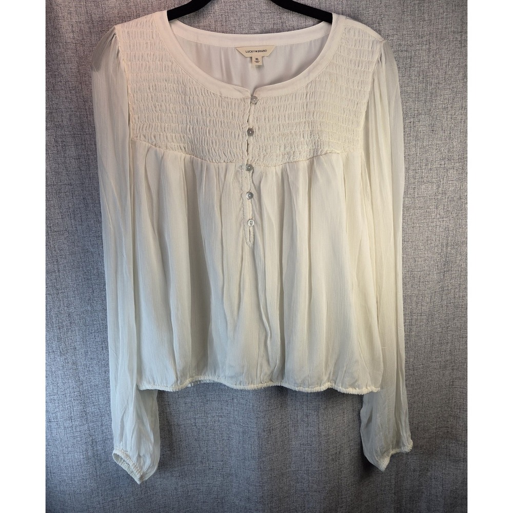 Lucky Brand Women's Top Cream Smocked LS Sheer Indie XL Lined Blouse Boho
